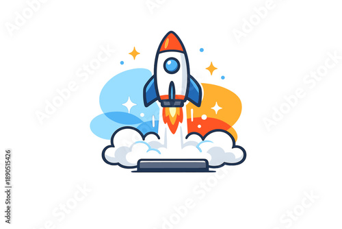 Rocket takes off into the sky with colorful clouds and stars in the background during a bright and sunny day