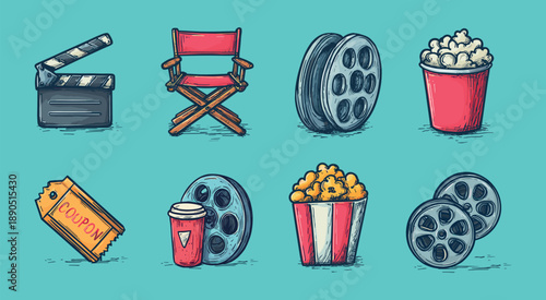 Cinema retro icons. Vintage movie elements, hand drawn sketch film reels theater ticket clapperboard chair popcorn box soda paper cup cartoon stickers set vector illustration