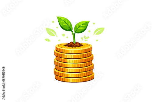 Plant growth on top of stacked coins represents the idea of building wealth through investment strategies over time