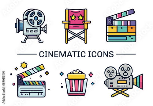 Cinematic icons. Cinema vintage movie theatre colorful line icon, retro camera clapperboard video film director chair popcorn box theater cute elements set vector illustration