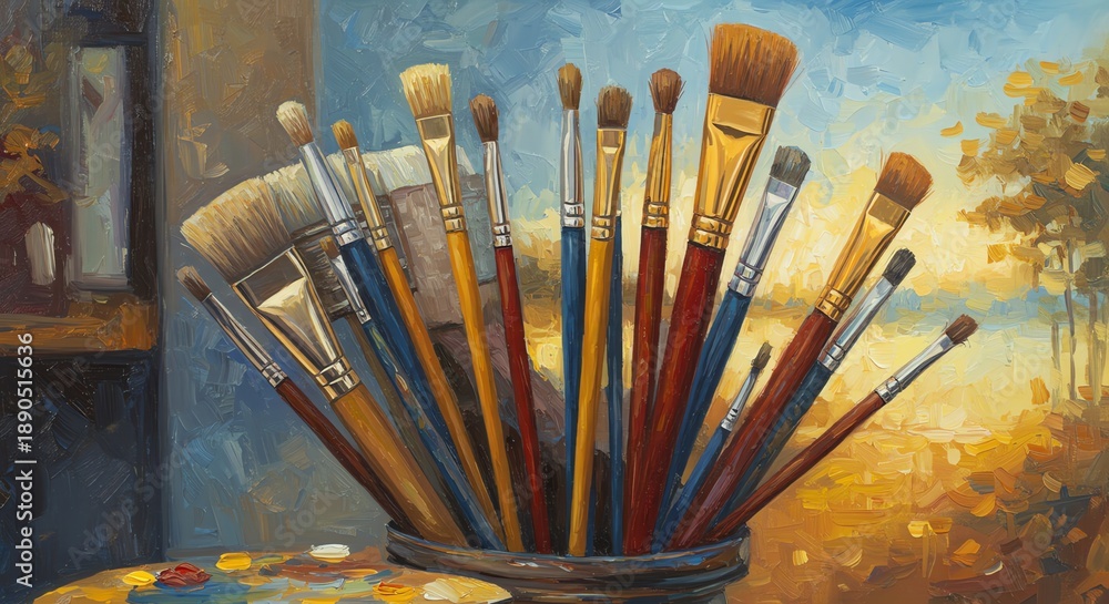 Fototapeta premium Paintbrushes in a cup with background landscape