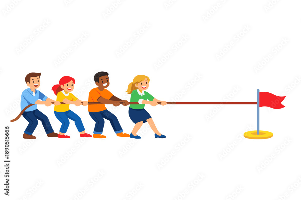 Fototapeta premium Group of four people pulling a rope in a tug of war game at a sport event in a park during the afternoon