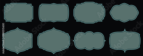 A collection of diverse decorative label shapes and ornate frames with teal outlines on a black background