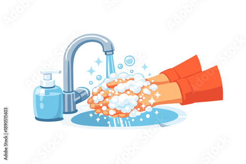 Hand washing at a sink with soap and water in a clean bathroom during daytime as part of a hygiene routine to stay healthy and prevent illness