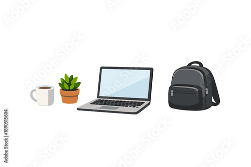 Work and study setup with coffee, laptop, and backpack on a plain background during a morning session