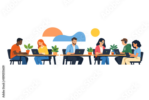 People work on laptops together in a shared space while sitting at tables with plants and a sunny background