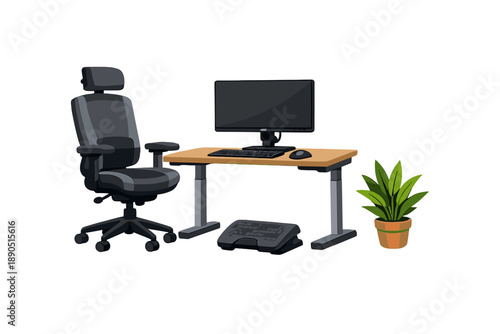 Workspace setup with desk, chair, monitor, keyboard, mouse, plant, and footrest in a simple design