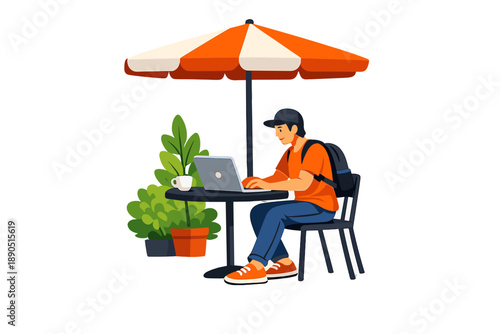 Person works on laptop at outdoor table under umbrella at cafe during daytime