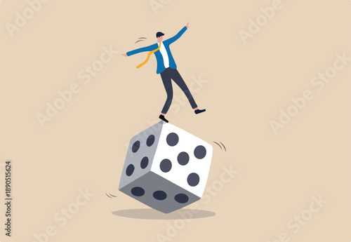 Investment risk, stock trader, gambling, uncertainty, possibility of losing money or make a profit from investment concept, greedy investor man dare trying to balance himself on spinning unstable dice