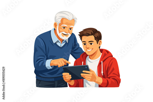 Older man and young boy enjoy learning together with a tablet in a friendly setting at home during the afternoon