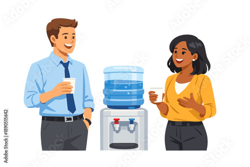 Two people engaged in conversation next to a water cooler in an office setting during the workday
