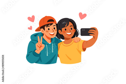 Young people take a selfie together with smiles and hearts in the background at a casual setting during the daytime with bright colors