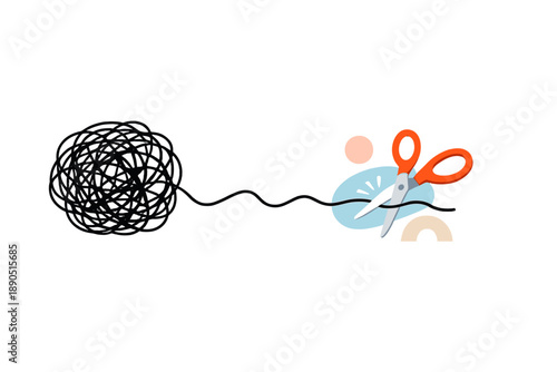 Tangled yarn sits beside scissors on a plain surface as a person prepares to cut the thread