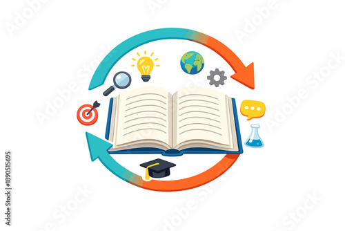Learning process involves an open book, symbols of knowledge such as a light bulb, globe, and gears, showing continuous growth in education and understanding