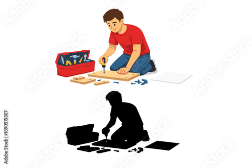 Young person working on a woodworking project with a toolbox on a surface during daytime indoors