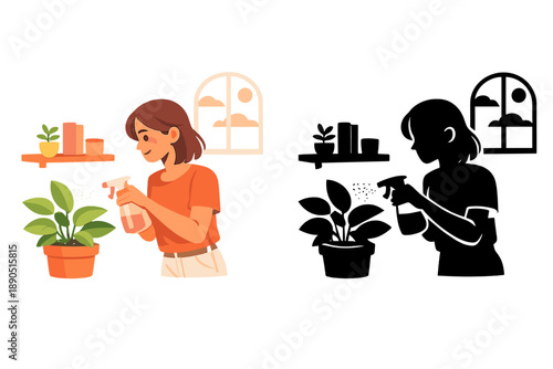 Woman watering plants indoors with spray bottle in a bright room while sunlight enters through the window in the early afternoon