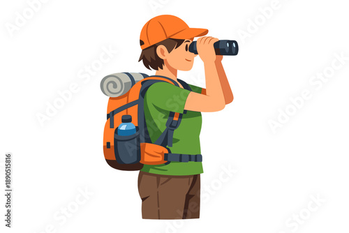 Hiker looks through binoculars while exploring a forested trail with a backpack during daytime