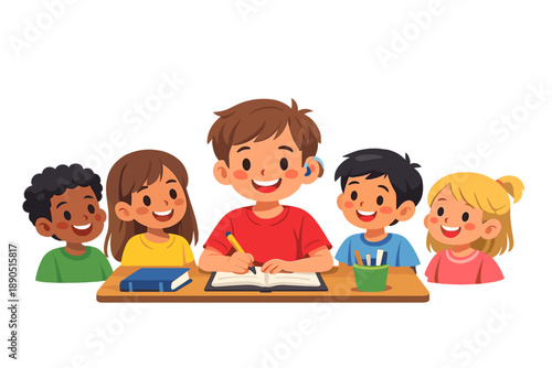 Students are gathered around a table as one child writes in a notebook while others watch and smile during a classroom activity in a bright setting