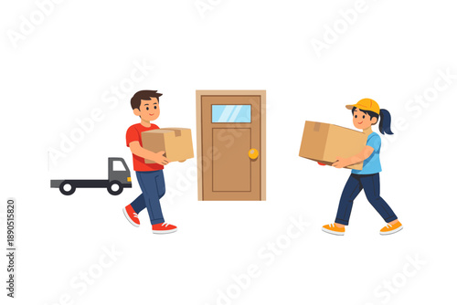 Delivery workers carry boxes to a house while a delivery truck is parked nearby during the daytime