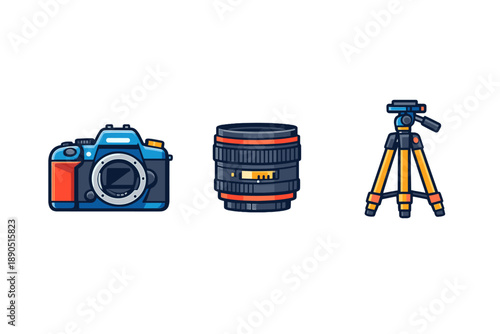 Different tools for photography including a camera, a lens, and a tripod placed in a row on a white background for easy identification and use during shooting sessions