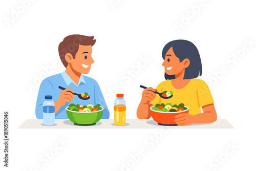 Two people enjoy salads and drinks at a table during lunch while engaging in a friendly conversation in a casual setting