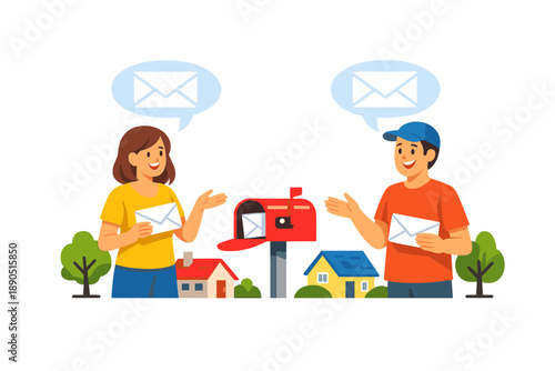 Two people exchanging letters in front of a mailbox in a neighborhood during a sunny day while chatting about their messages