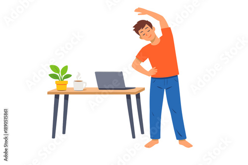 Man stretches while working at a desk in a home office setting during the day