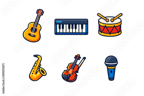 Different music instruments arranged in a row showing variety for a music class or lesson about sound and rhythm for learners of all ages