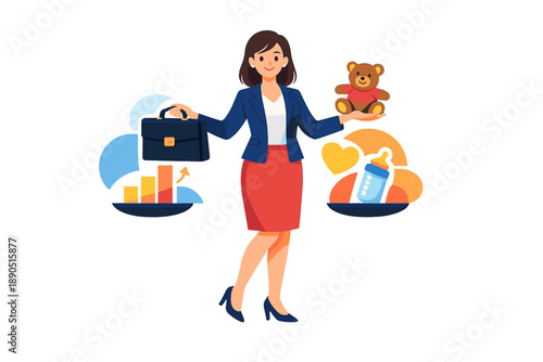Business woman balancing work and family life with teddy bear and briefcase as symbols of responsibilities in a graphic illustration