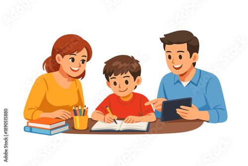 Family helps child with homework at a table in a home setting during daytime