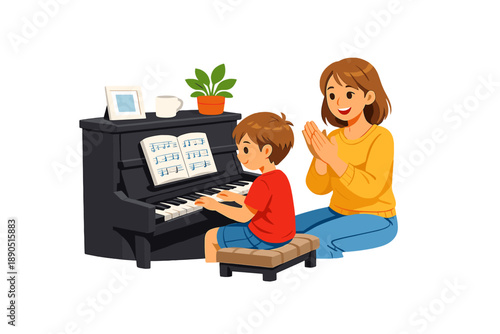 Child plays piano while mother claps in a living room during afternoon music practice session