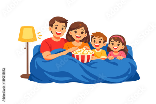 Family enjoys movie night while sitting on couch with blanket and popcorn in cozy living room during evening