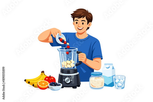 Person blends fruits and yogurt in kitchen with blender at home in daytime for a healthy drink