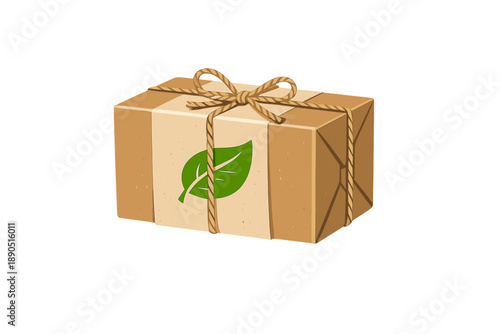 Parcel with a green leaf design tied with string, placed on a plain background in a simple setting