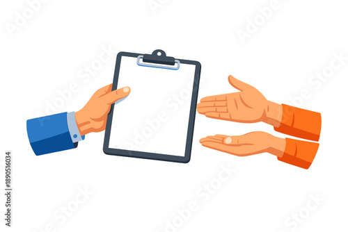 Two hands exchanging a clipboard in a business setting during daytime