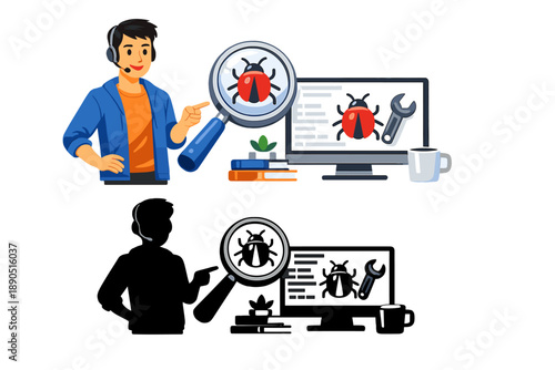 Person uses a magnifying glass to show a bug on a computer screen while seated at a desk with books and a cup