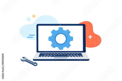 Laptop with a gear symbol on the screen showing a setup or configuration task happening in a workspace setting during the day