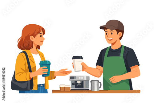 Customer buys coffee from barista in a cafe setting during daytime with several cups on the counter