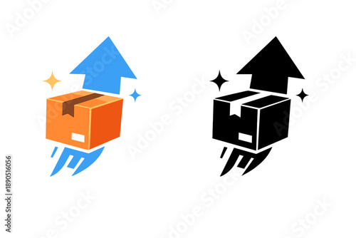 Creative design of a delivery box with speed lines and arrows showing fast shipping service