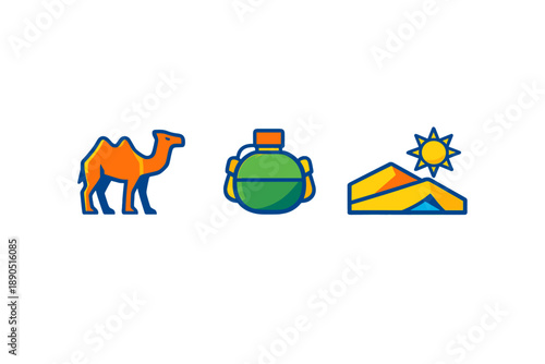 Camel, water bottle, and desert landscape show essentials for a trip in the hot sun during the daytime in a barren environment