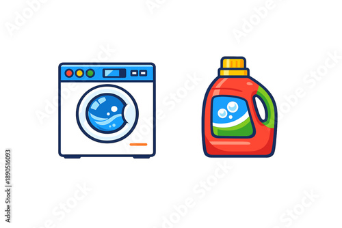 Washing machine and detergent bottle are ready for laundry in a bright and clean laundry room setting with organized space for chores