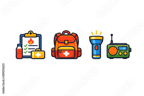 Emergency preparedness items including a first aid kit, backpack, flashlight, and radio for safety during crises and natural disasters