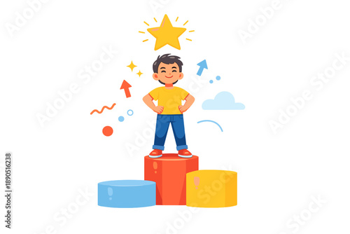 Boy stands proudly on colorful blocks with a star above during a fun and playful activity for children focusing on achievements and growth