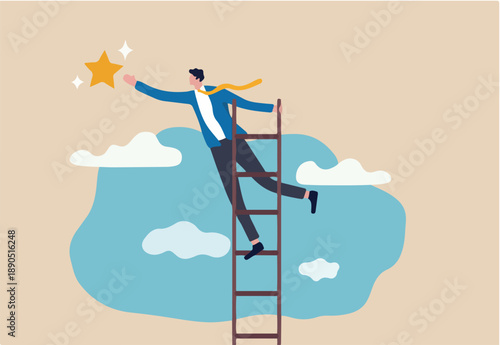 Business opportunity, ladder of success or aspiration to achieve business goal concept, ambitious businessman climbing ladder to the the top and reaching for the shining star.