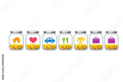 Separation of coins into jars for saving different purposes like home, travel, dining, and shopping in an organized way
