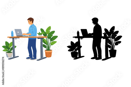 Person working at a standing desk with plants in an office setting during the day