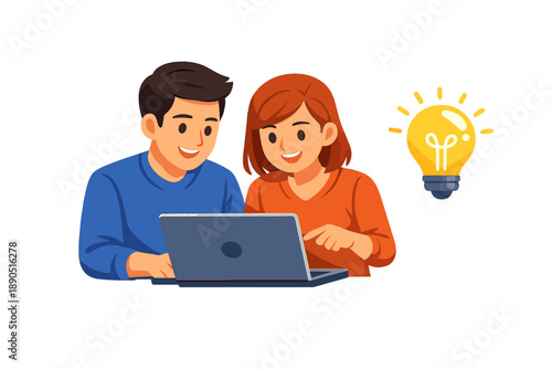 Two people working together on a laptop while discussing ideas at home during the day