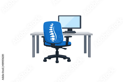 Office workspace features a computer and an ergonomic chair that supports spinal health, intended for individuals working in front of a screen for long hours