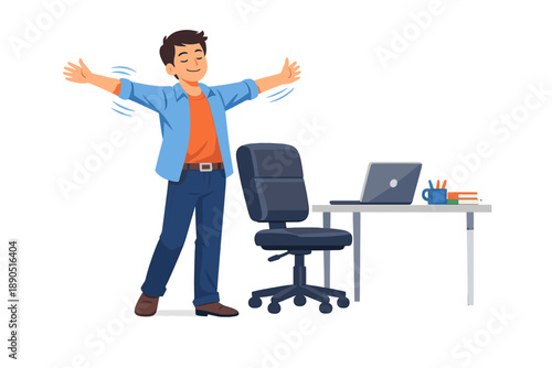 Man stretches his arms in front of the desk and chair in a bright and clean office space during a break from work