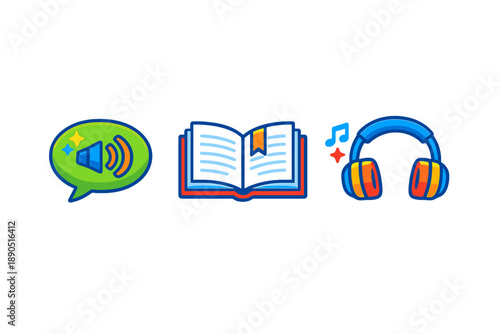 Sound wave shows a speech bubble, an open book, and headphones. The scene highlights learning and audio experiences in a colorful design